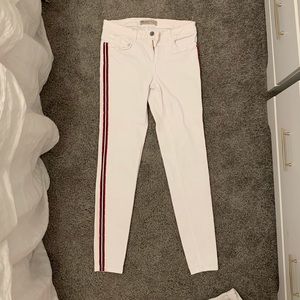 Zara white jeans with a red and navy trim